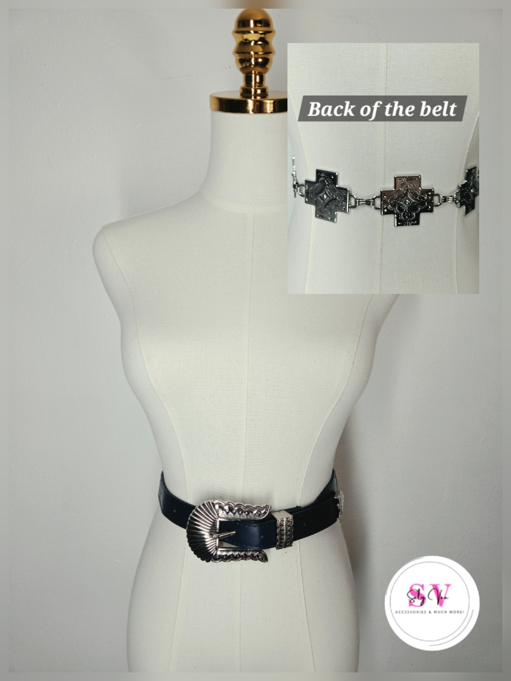 Navy Blue belt with silver buckle and cross decor